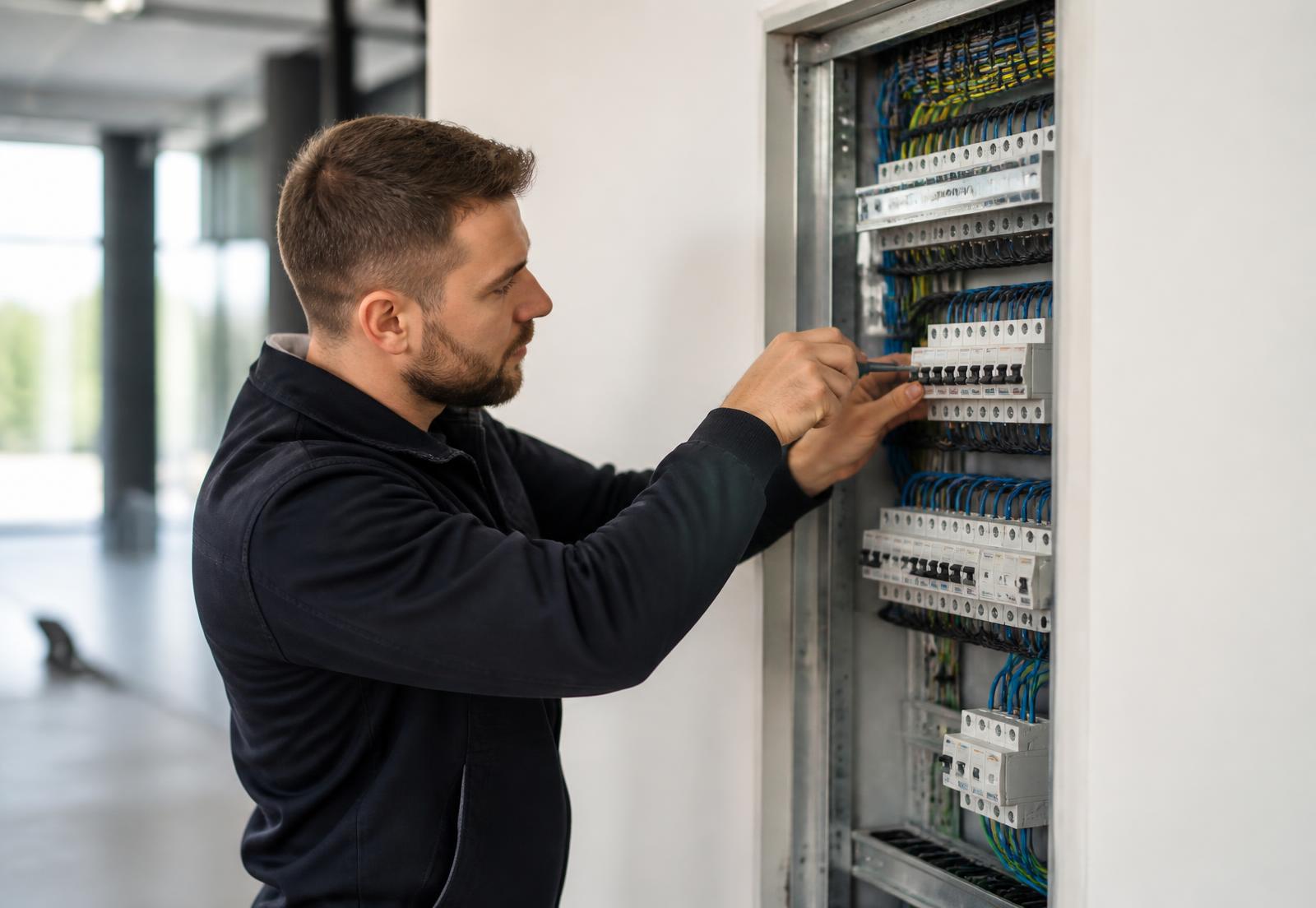 Technicien EXPRESS'ELEC intervenant sur un tableau électrique moderne